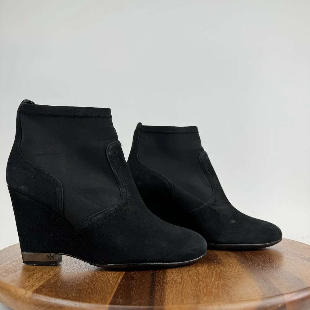 Womens Tory Burch Brenda Black Suede Sock Ankle Wedge Boots Booties Size 8 M GUC